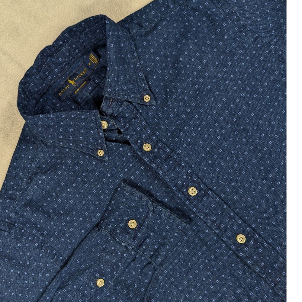 Ralph Lauren Mens Indigo Oxford Button Down Shirt Navy Blue Geometric Print M